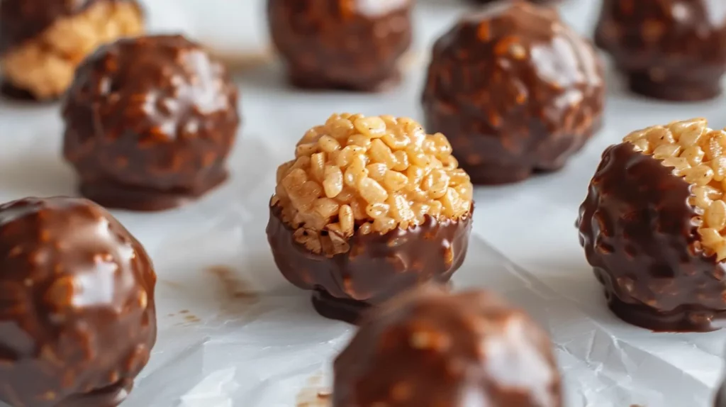Assorted peanut butter balls with chocolate coating on baking paper