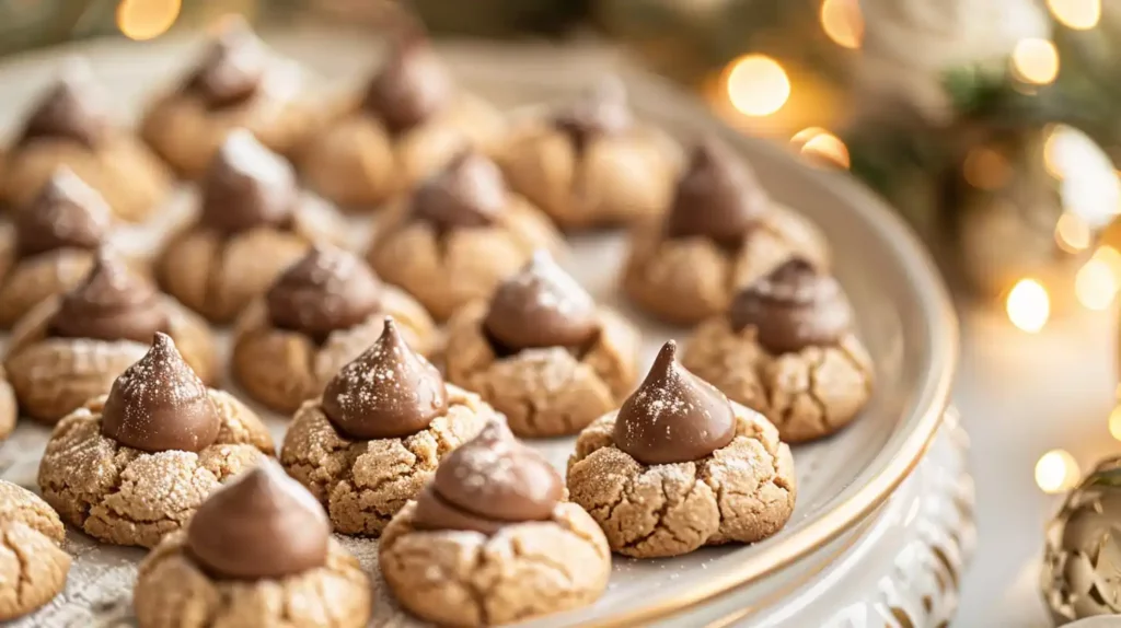 Peanut butter blossoms with chocolate kisses on festive plate