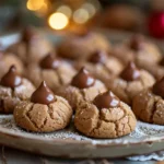 Soft peanut butter blossoms topped with chocolate on rustic plate