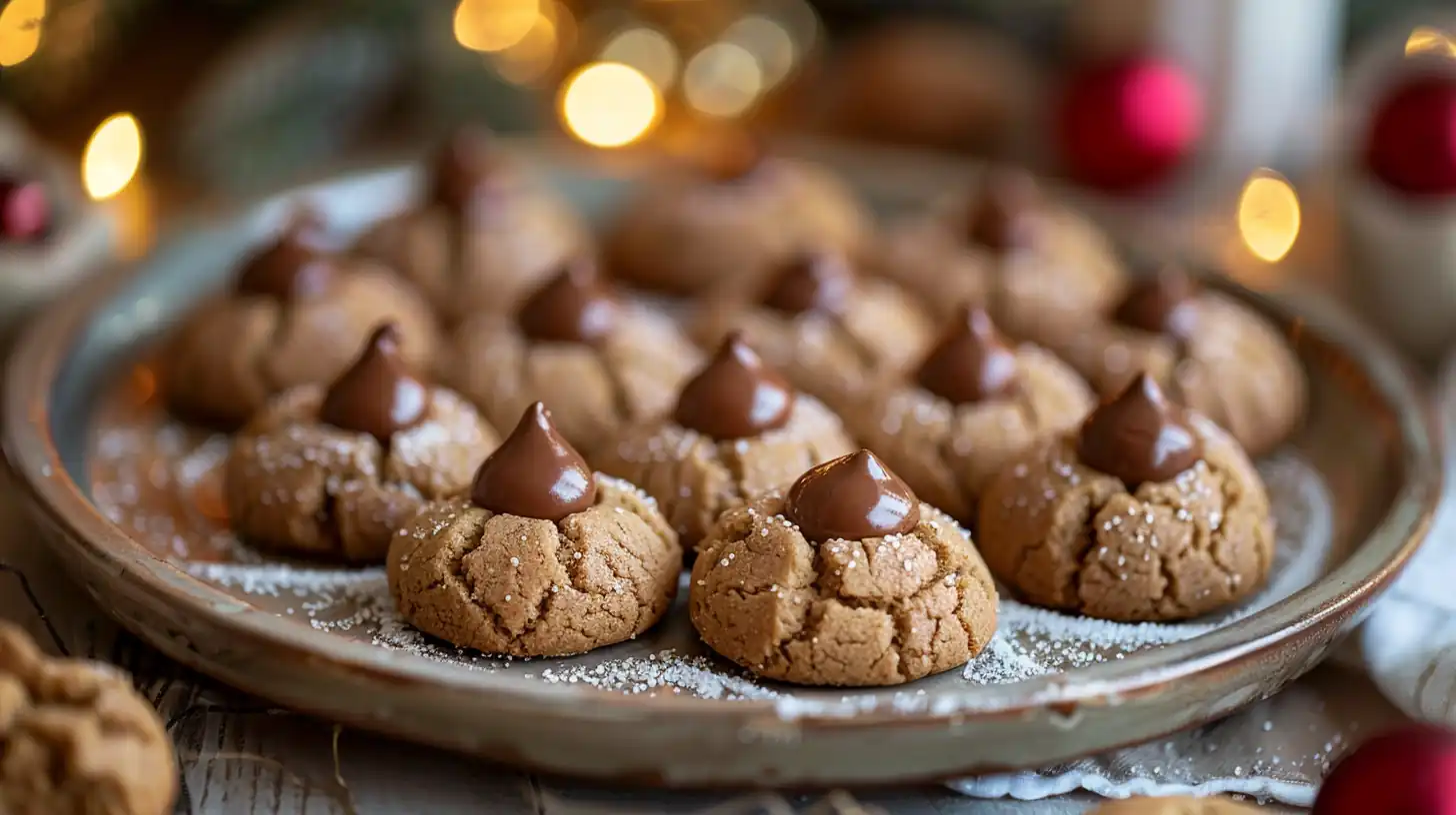 Soft peanut butter blossoms topped with chocolate on rustic plate