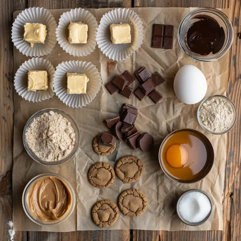 Ingredients for peanut butter blossoms cookies flat lay