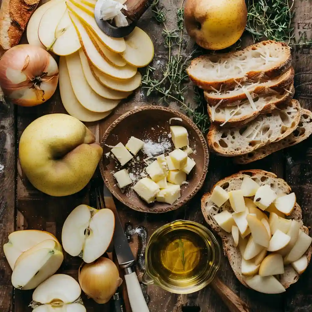 Ingredients for Pear & Apple Grilled Cheese with Caramelized Onions on rustic wood