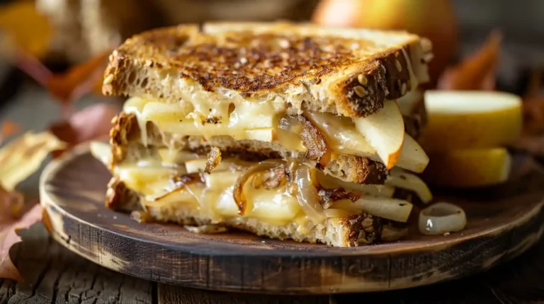 Pear & Apple Grilled Cheese with Caramelized Onions served on a wooden platter