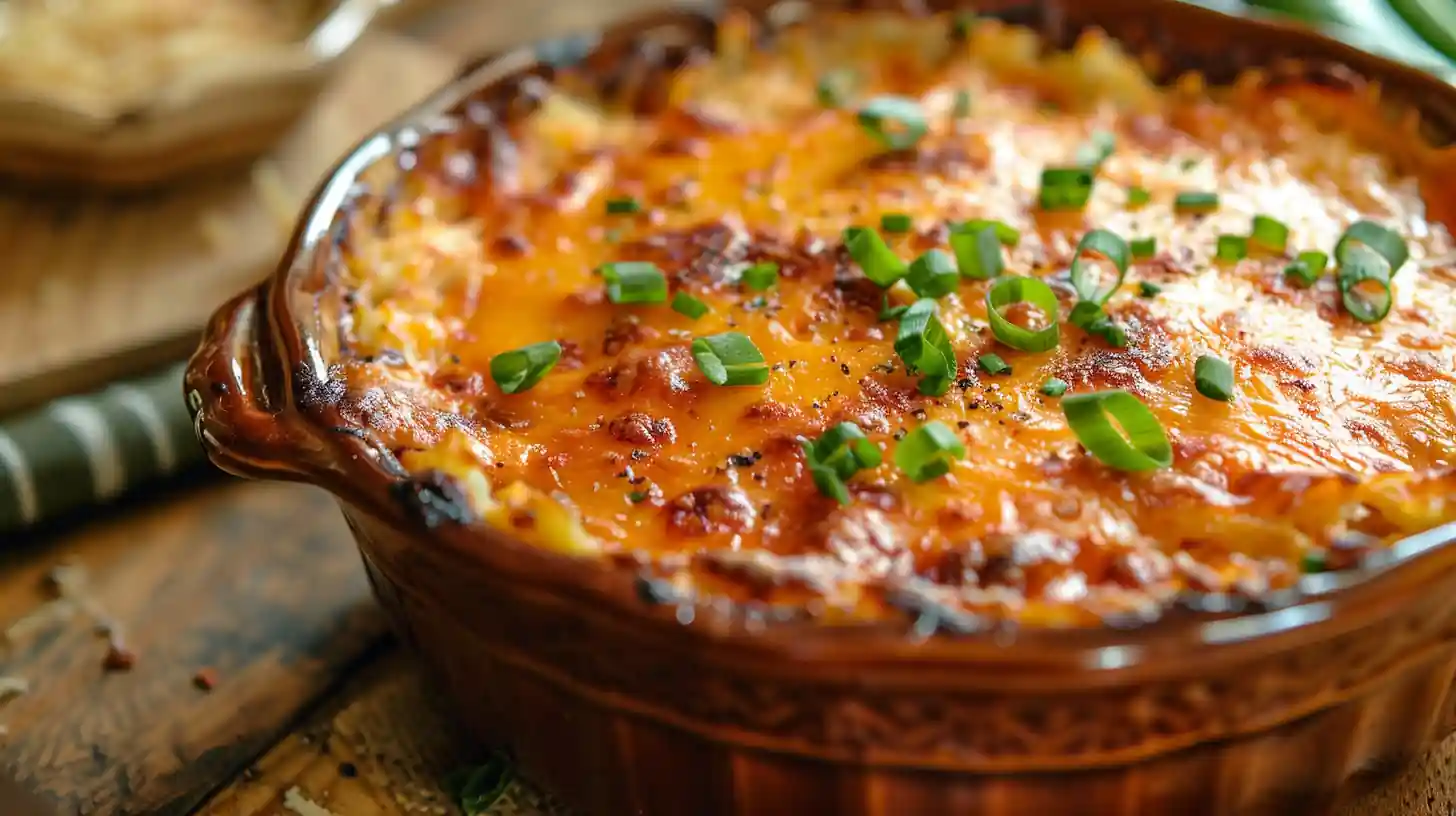 Pimento cheese hash brown casserole with melted cheddar topping
