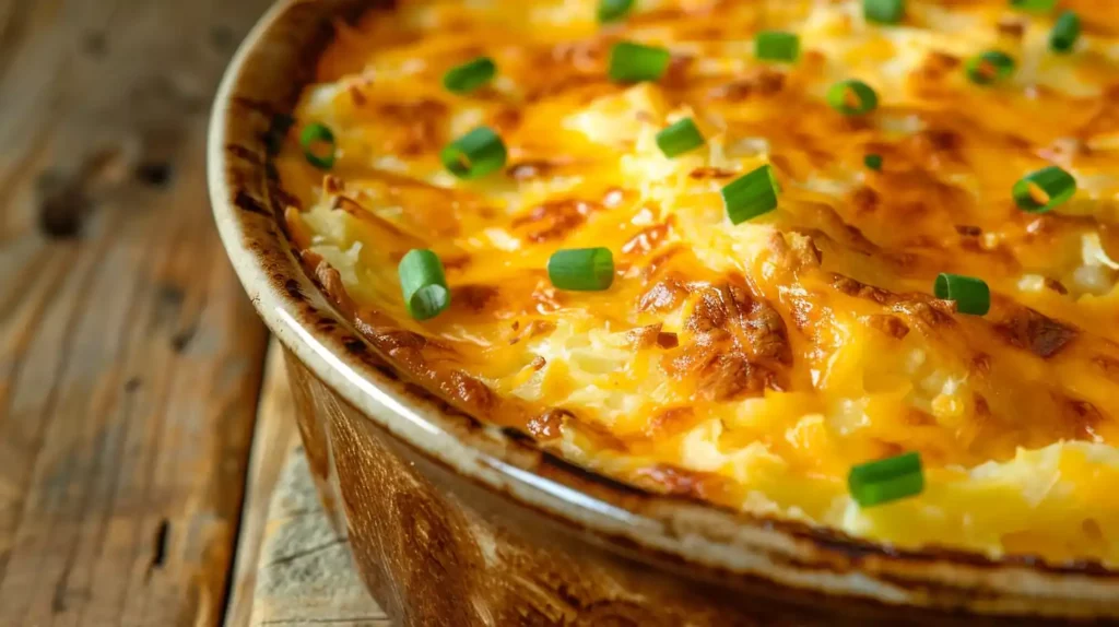 Baked pimento cheese hash brown casserole fresh out of the oven