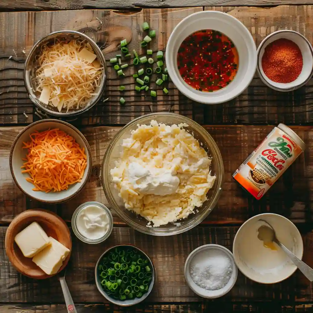 Ingredients for pimento cheese hash brown casserole on wooden table