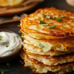 Stack of golden Potato and Onion Cheese Pancakes served with sour cream