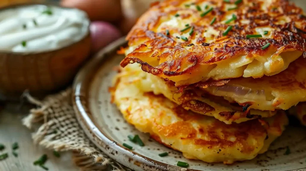 Close-up of crispy Potato and Onion Cheese Pancakes on a plate