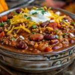 Prize-Winning Pumpkin Chili topped with sour cream and cheddar cheese