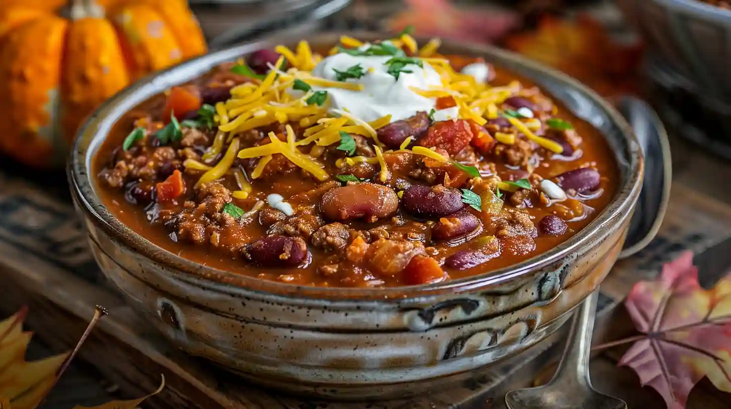 Prize-Winning Pumpkin Chili topped with sour cream and cheddar cheese