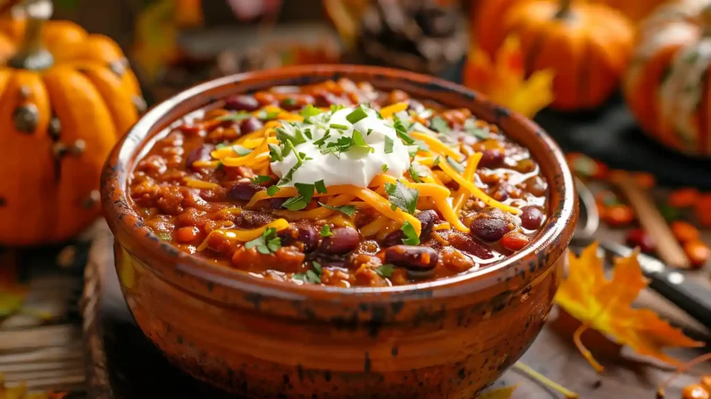 Bowl of Prize-Winning Pumpkin Chili with beans and beef