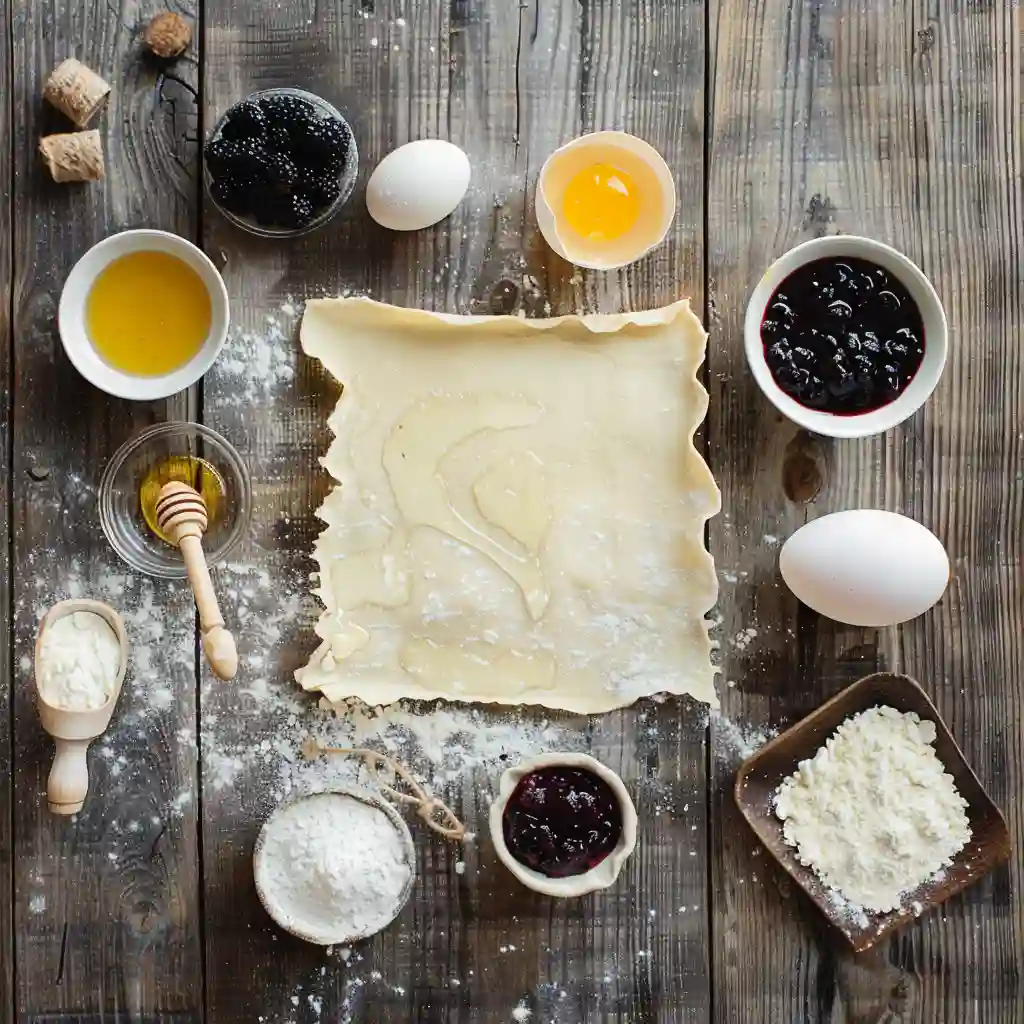 Ingredients for puff pastry twists with blackberry jam and goat cheese