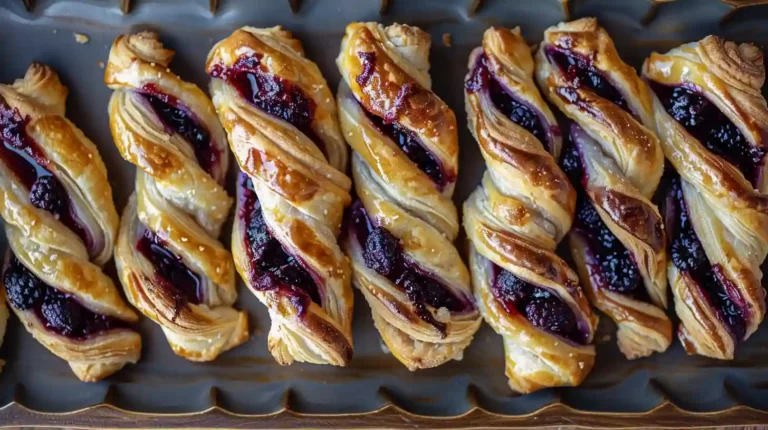 Freshly baked puff pastry twists with blackberry jam and goat cheese