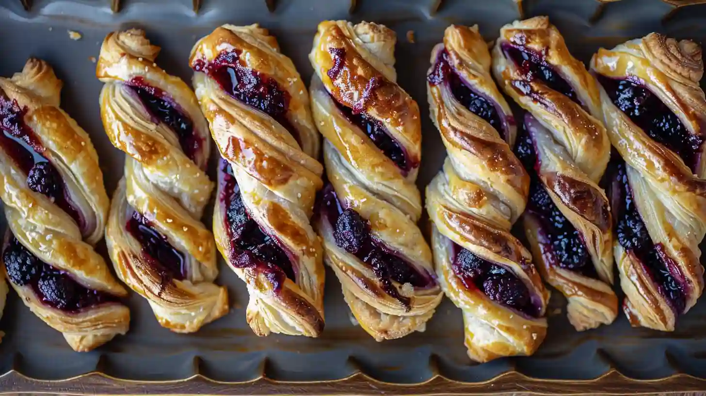 Freshly baked puff pastry twists with blackberry jam and goat cheese