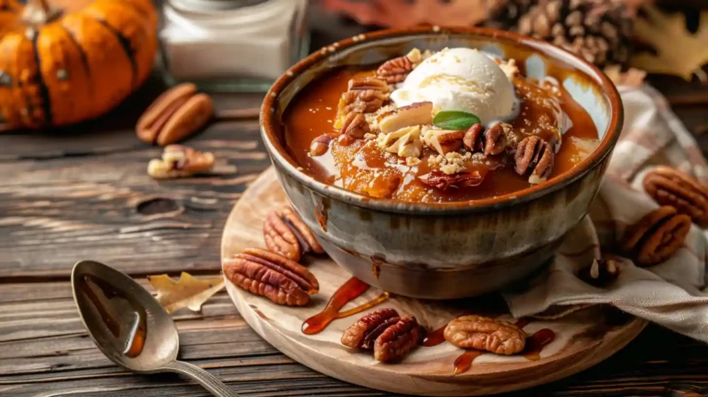 Baked pumpkin pecan cobbler in dish with ice cream topping