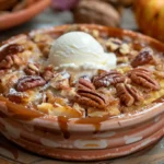 Pumpkin pecan cobbler topped with ice cream and caramel drizzle