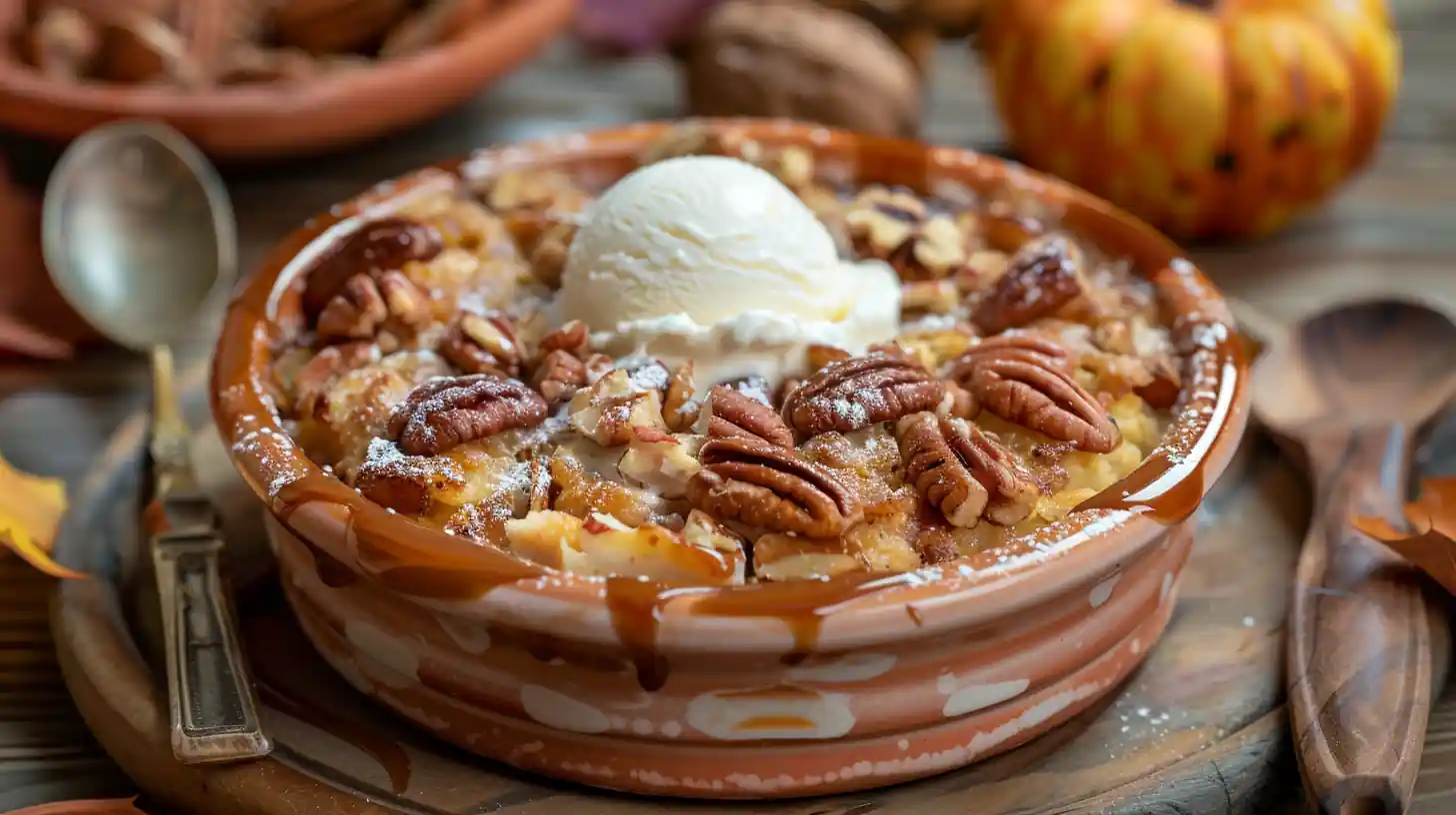 Pumpkin pecan cobbler topped with ice cream and caramel drizzle