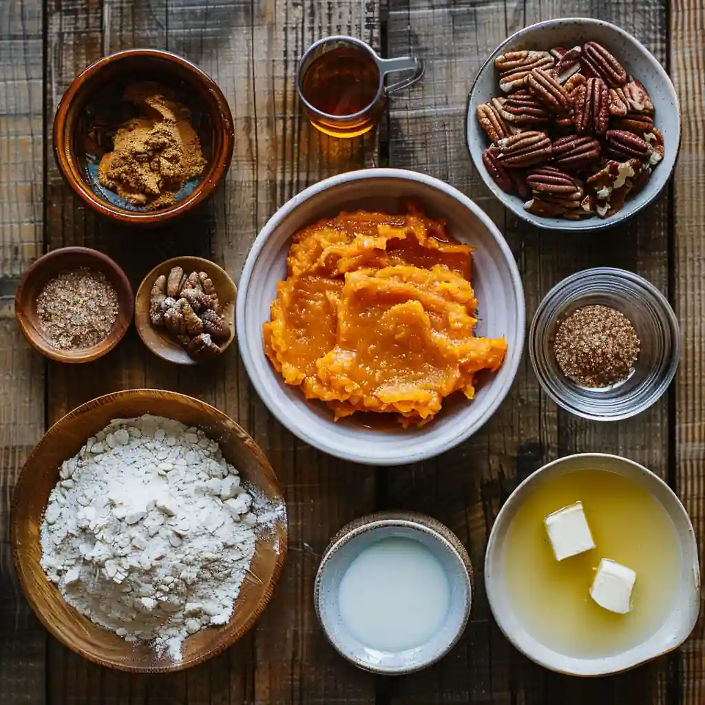 Pumpkin pecan cobbler ingredients with flour, puree, pecans, and spices