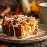 Sliced pumpkin coffee cake topped with white glaze on a wooden cutting board.