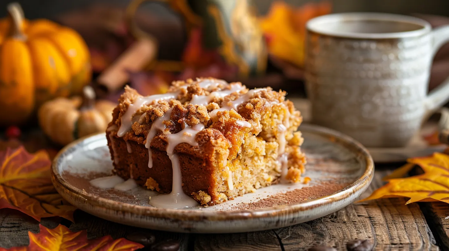 Sliced pumpkin coffee cake topped with white glaze on a wooden cutting board.