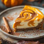 Cheesecake with Pumpkin Swirl and cinnamon sticks on a fall-themed plate