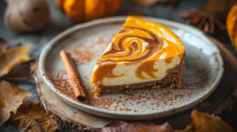 Cheesecake with Pumpkin Swirl and cinnamon sticks on a fall-themed plate
