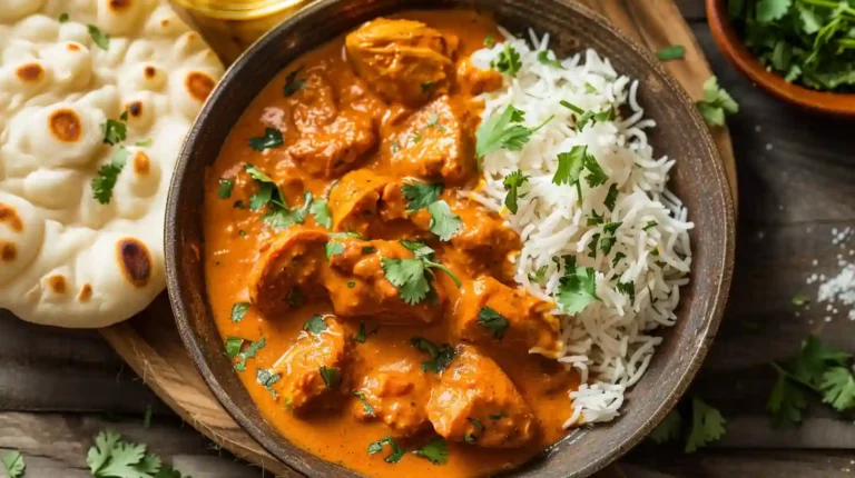 Quick & easy homemade butter chicken served with rice and naan.