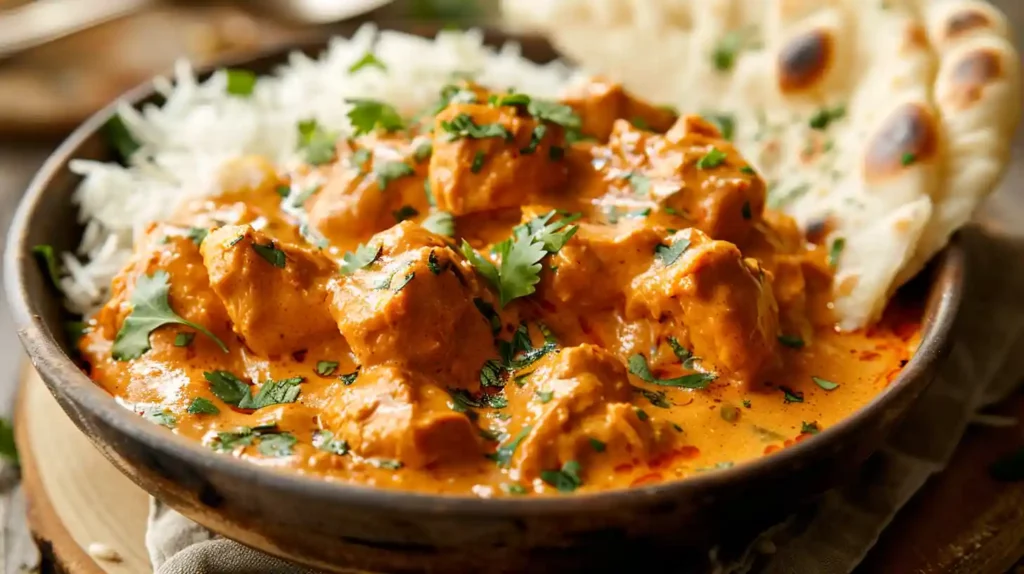 Top view of quick & easy homemade butter chicken with naan and rice.
