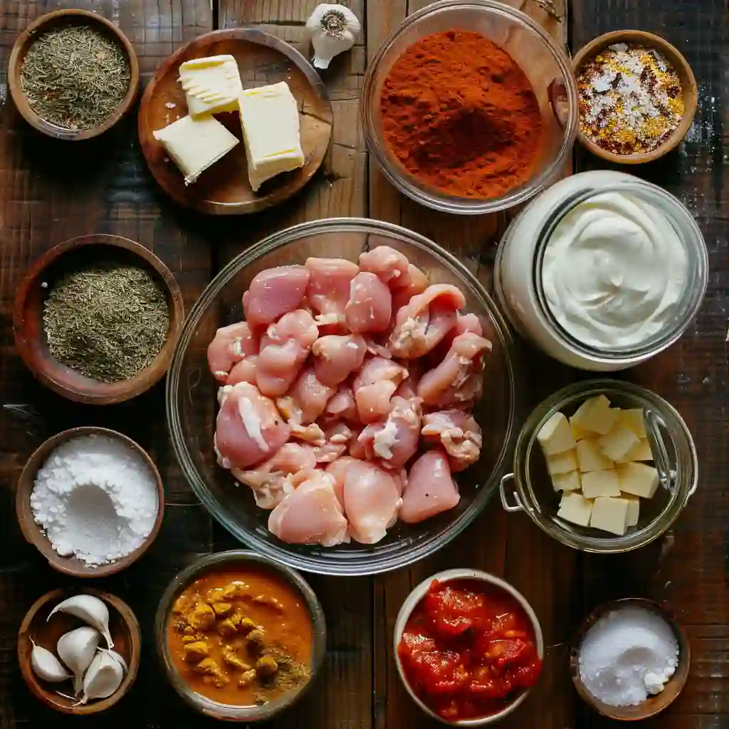 Ingredients for quick & easy homemade butter chicken arranged on table.