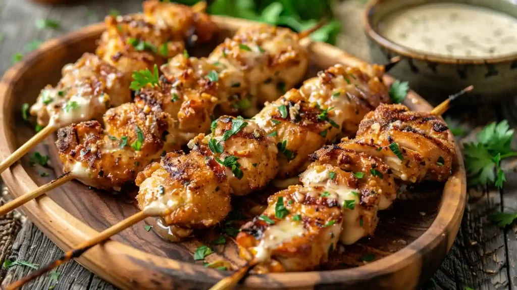 Juicy Ranch Garlic Parmesan Chicken Skewers  garnished with herbs and served hot.