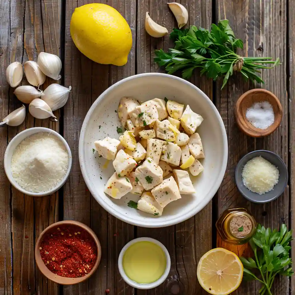 Raw ingredients for Ranch Garlic Parmesan Chicken Skewers including chicken, garlic, parmesan, and herbs.