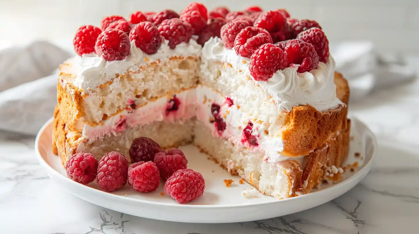 Raspberry angel food cake with whipped frosting and fresh berries on top