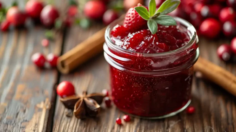 Festive jar of rich Amish Christmas Jam with strawberries and seasonal spices