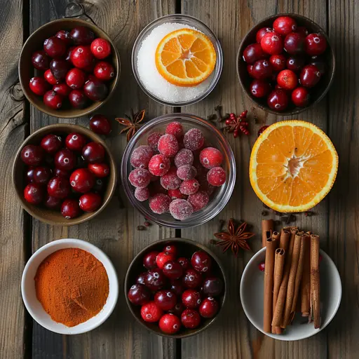 Ingredients for rich Amish Christmas Jam including cranberries, orange, cinnamon, and sugar
