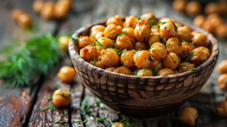 Roasted chickpeas closeup with dill seasoning on wooden table