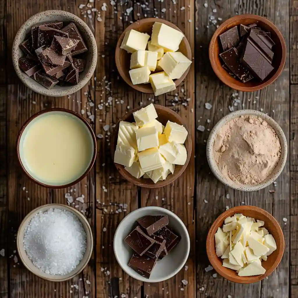 Ingredients for salted caramel fudge truffles on rustic wood