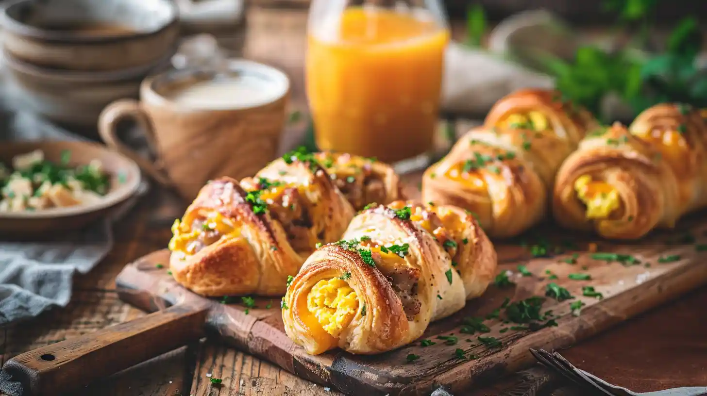 Sausage Egg Breakfast Rolls sliced and stuffed with cheese and herbs