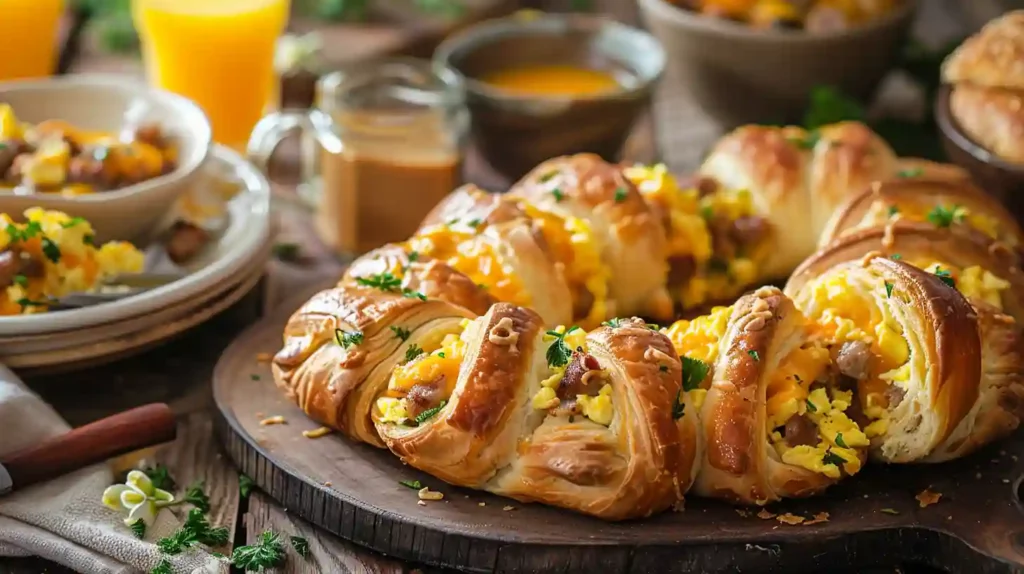 Freshly baked Sausage Egg Breakfast Rolls served on a wooden board