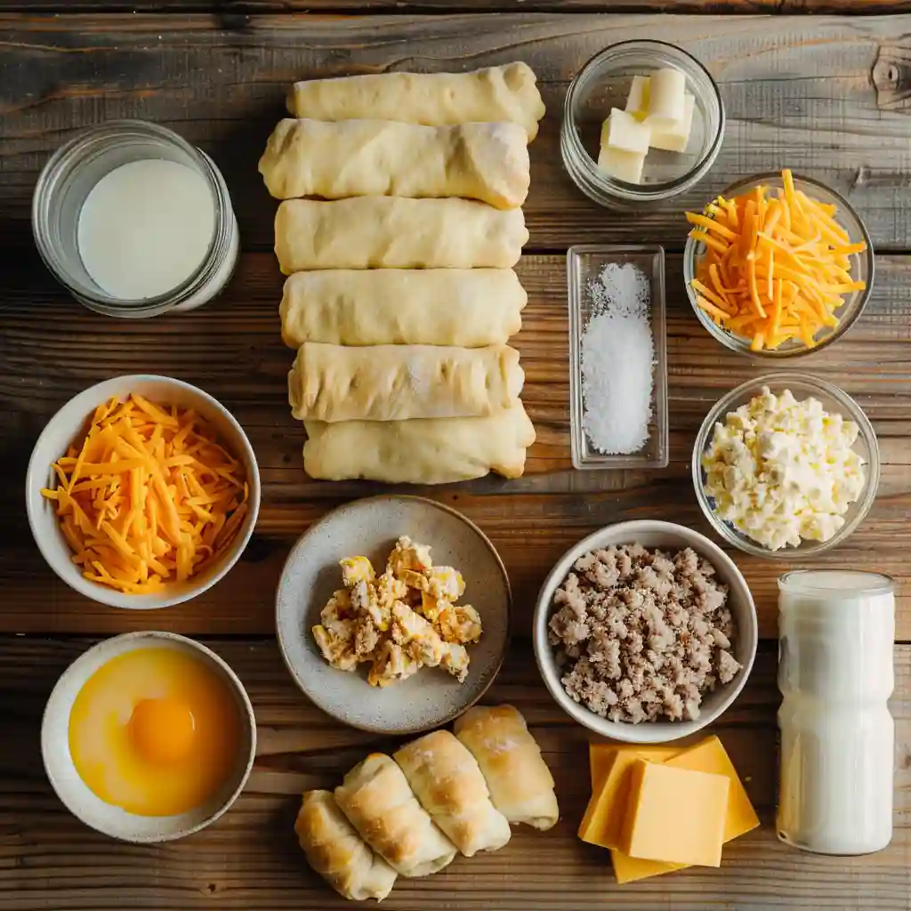Ingredients for Sausage Egg Breakfast Rolls arranged on a rustic table