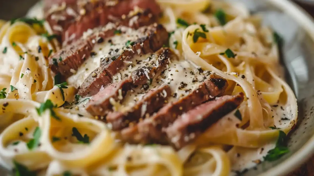 Steak Gorgonzola Alfredo with Parmesan Sauce with creamy sauce and herbs