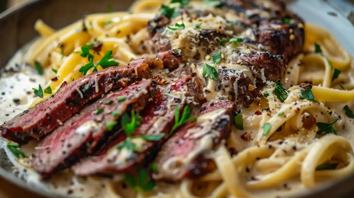 Savory steak Gorgonzola Alfredo with fettuccine and creamy cheese sauce