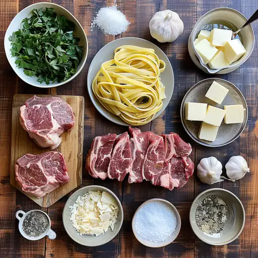 Ingredients for savory steak Gorgonzola Alfredo including fettuccine, steak, butter, and herbs
