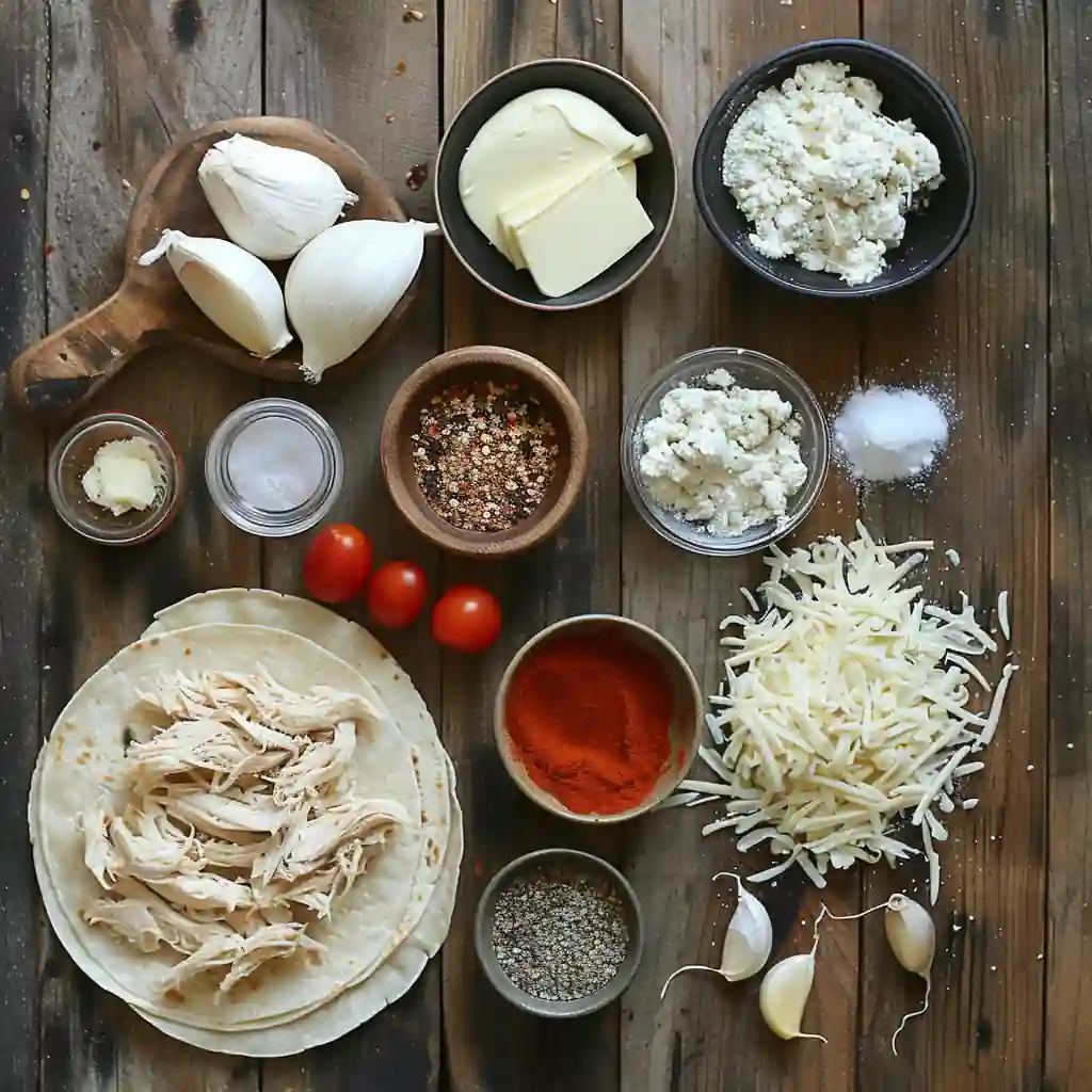 Top-down view of shredded chicken ingredients for cheesy wraps