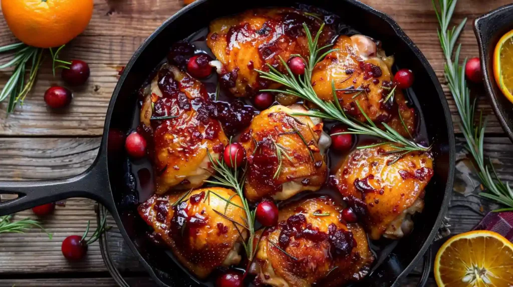 Skillet cranberry orange chicken thighs in a cast iron pan