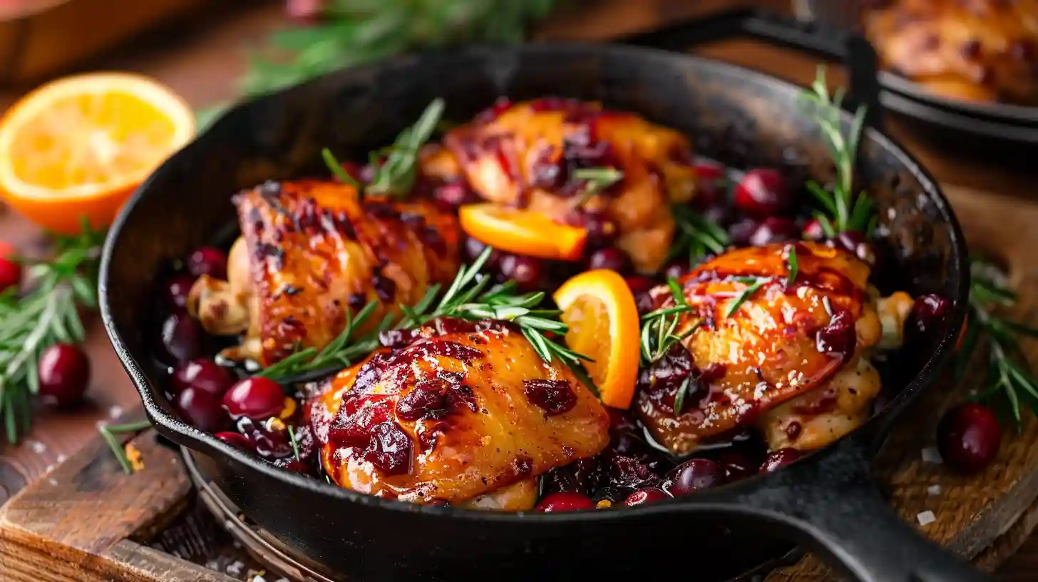 Skillet cranberry orange chicken with orange slices and herbs