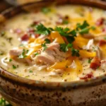 Slow cooker crack chicken soup with shredded chicken and bacon topping