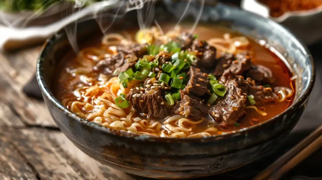 Slow cooker beef ramen noodles in a steamy broth garnished with green onions and sesame