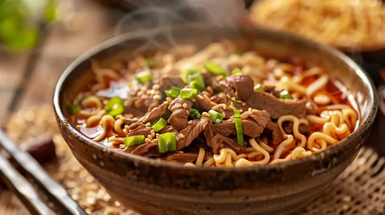 Hearty slow cooker beef ramen noodles with sliced beef and noodles in a rustic bowl