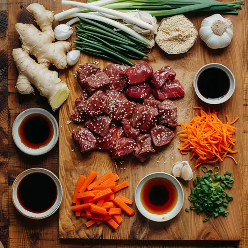 Ingredients for slow cooker beef ramen noodles including beef cubes, soy sauce, ginger, and vegetables
