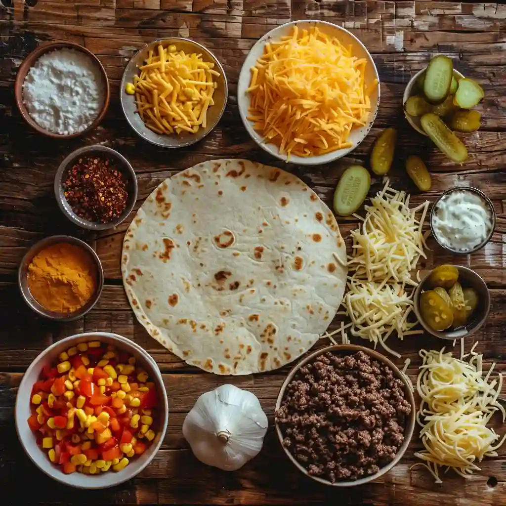 Smashburger Quesadillas ingredients laid out flat on a wooden surface
